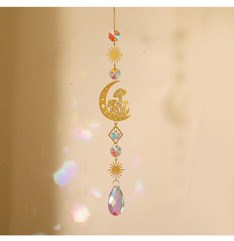 Boho Brass Wind Chime Dreamcatcher – Moon Cat / Mushroom Design with Crystal Drop | 44–46cm