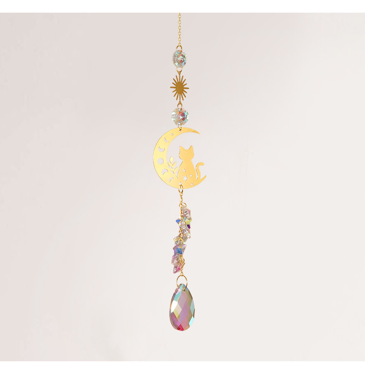 Boho Brass Wind Chime Dreamcatcher – Moon Cat / Mushroom Design with Crystal Drop | 44–46cm