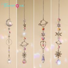Celestial Silver Alloy Wind Chime Dreamcatcher – Star, Moon, Earth, Geometric Crystals 34–41cm Hanging Spiritual Decor