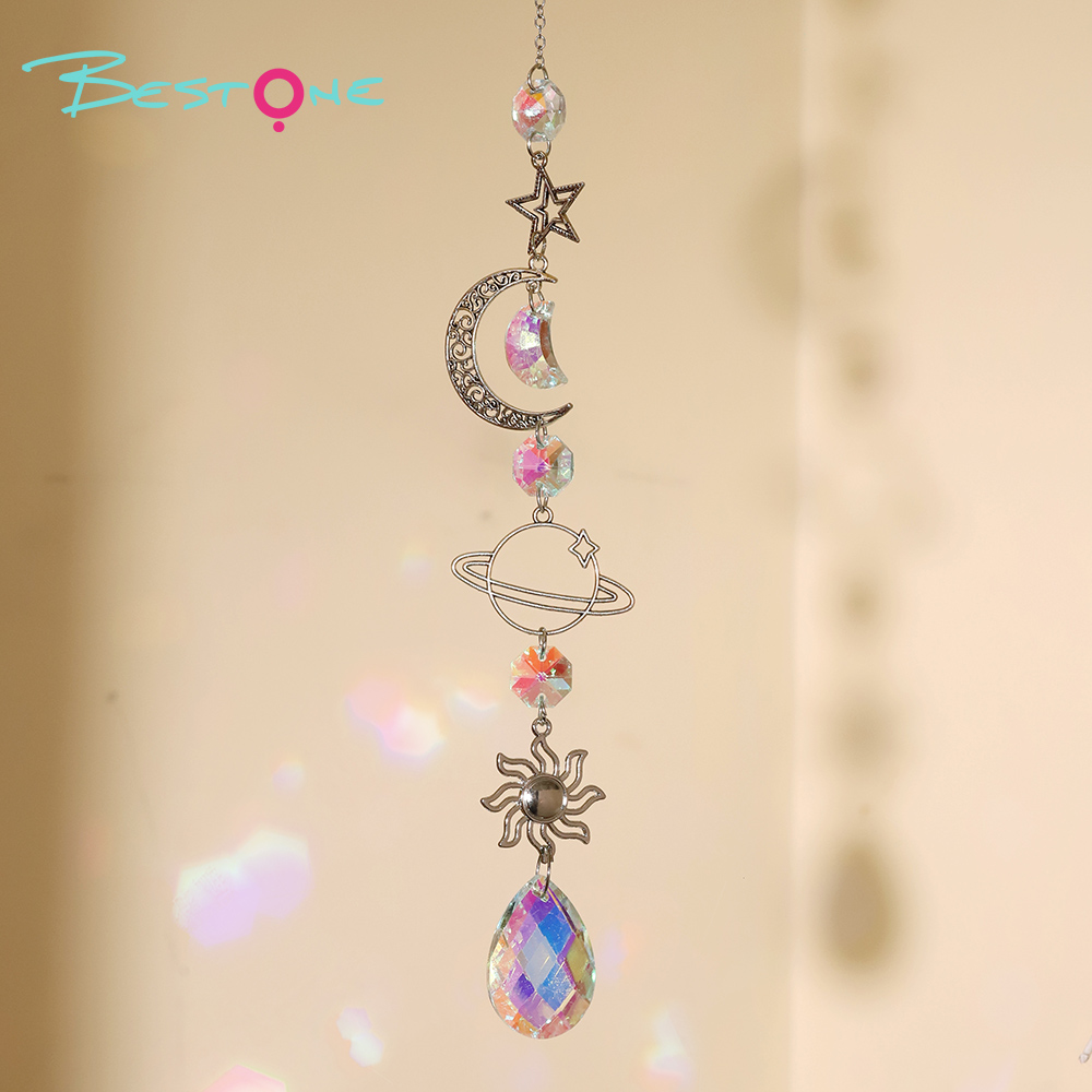 Celestial Silver Alloy Wind Chime Dreamcatcher – Star, Moon, Earth, Geometric Crystals 34–41cm Hanging Spiritual Decor