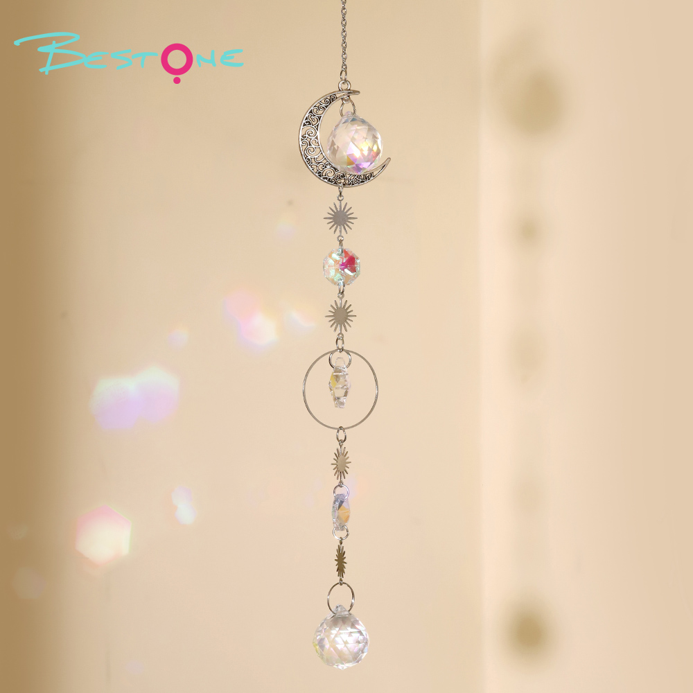 Celestial Silver Alloy Wind Chime Dreamcatcher – Star, Moon, Earth, Geometric Crystals 34–41cm Hanging Spiritual Decor