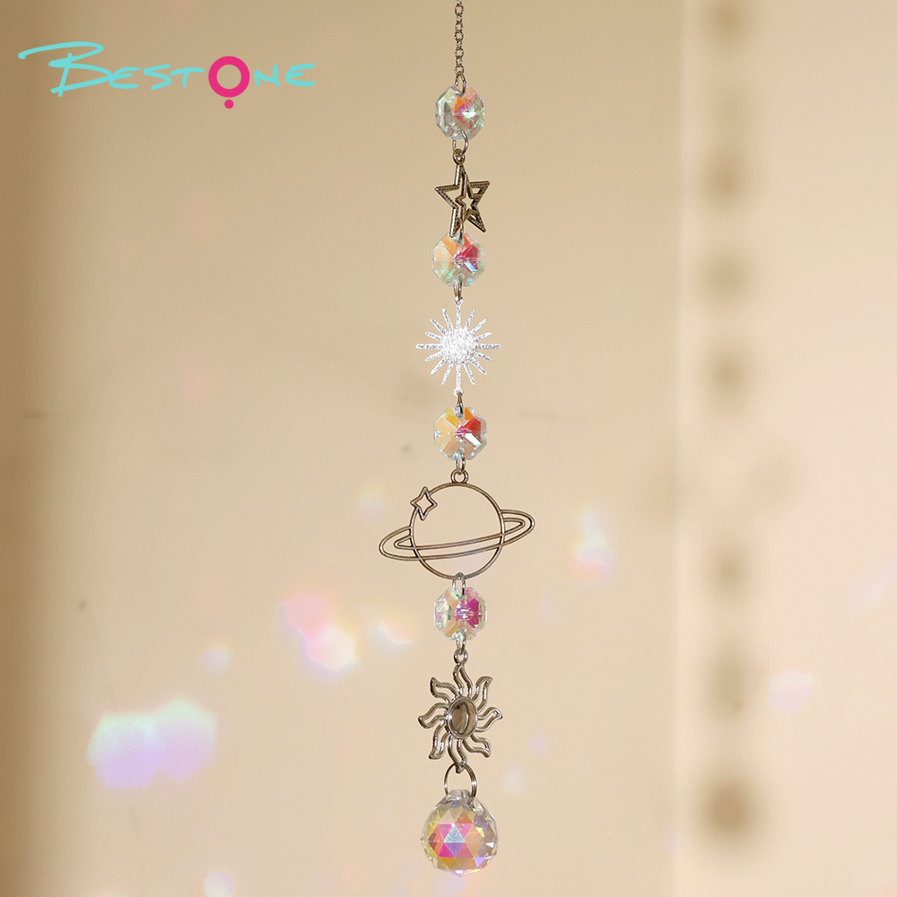 Celestial Silver Alloy Wind Chime Dreamcatcher – Star, Moon, Earth, Geometric Crystals 34–41cm Hanging Spiritual Decor