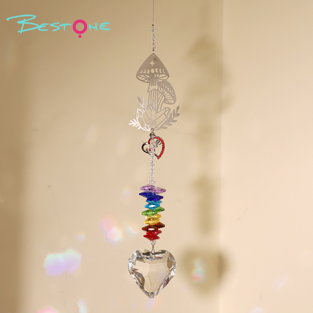 Fairy Forest Crystal Wind Chime – Reindeer / Mushroom Design with Heart Pendant and Rainbow Octagon Crystals 31–34cm