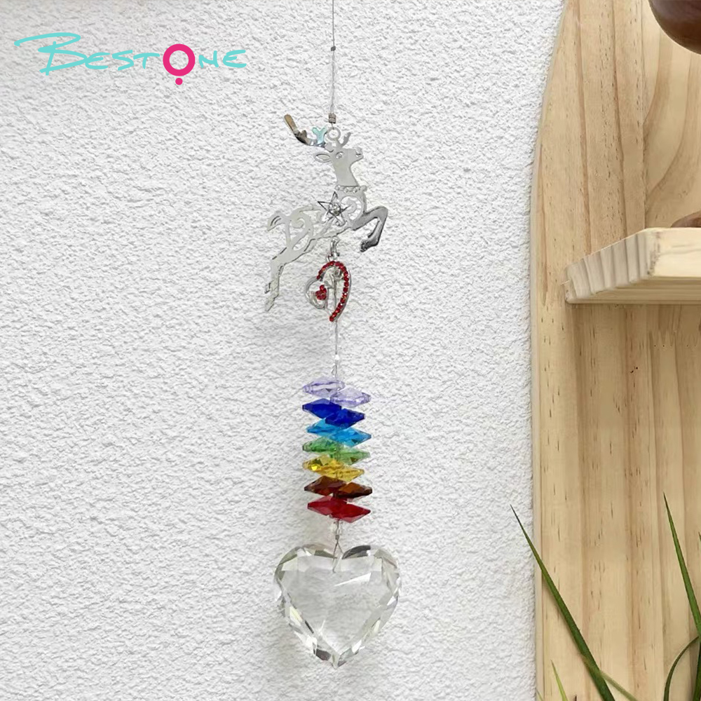 Fairy Forest Crystal Wind Chime – Reindeer / Mushroom Design with Heart Pendant and Rainbow Octagon Crystals 31–34cm