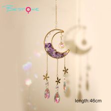Exquisite Pendant Wind Chimes Collection – Copper Alloy with Wire-Wrapped Moon, Five-Petal Flower & Crystal Chips (46cm)
