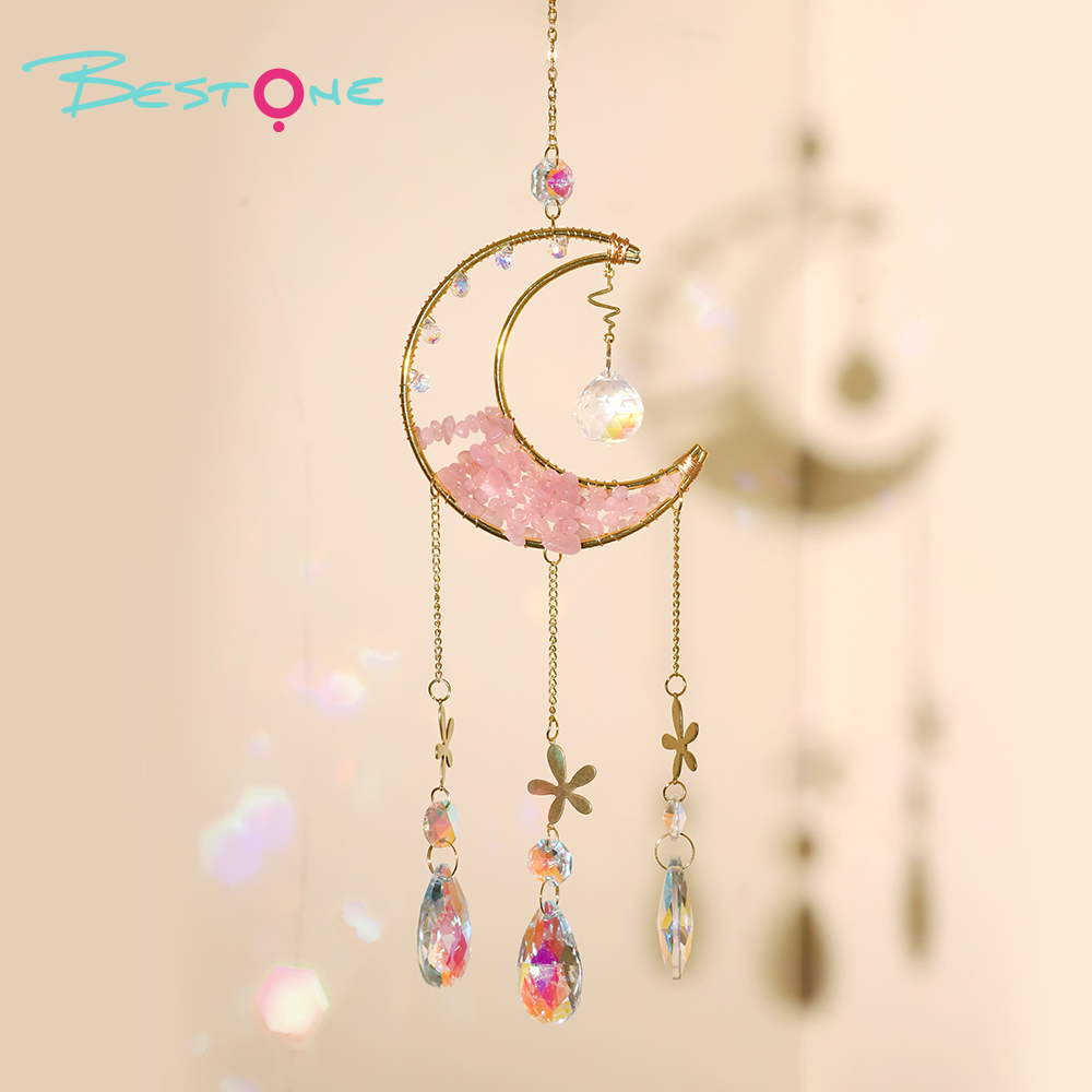 Exquisite Pendant Wind Chimes Collection – Copper Alloy with Wire-Wrapped Moon, Five-Petal Flower & Crystal Chips (46cm)