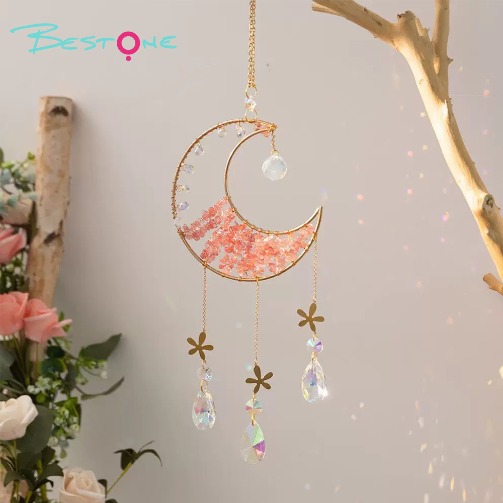 Exquisite Pendant Wind Chimes Collection – Copper Alloy with Wire-Wrapped Moon, Five-Petal Flower & Crystal Chips (46cm)