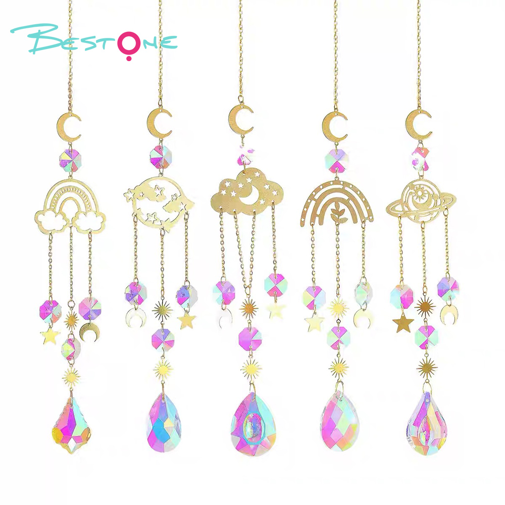 Set of 4 Copper Alloy Pendant Wind Chimes – Moon Plate, Rainbow Flower, Earth, Cloud & Star Motifs with Octagon & Teardrop Crystal Pendants – Lengths 44cm & 42cm