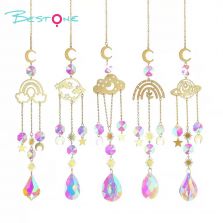 Set of 4 Copper Alloy Pendant Wind Chimes – Moon Plate, Rainbow Flower, Earth, Cloud & Star Motifs with Octagon & Teardrop Crystal Pendants – Lengths 44cm & 42cm