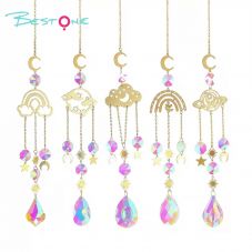 Set of 4 Copper Alloy Pendant Wind Chimes – Moon Plate, Rainbow Flower, Earth, Cloud & Star Motifs with Octagon & Teardrop Crystal Pendants – Lengths 44cm & 42cm