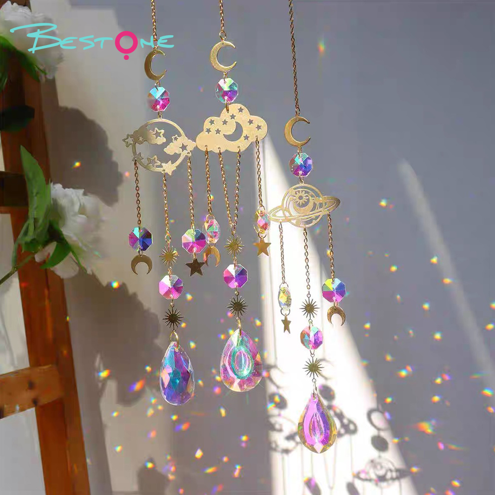 Set of 4 Copper Alloy Pendant Wind Chimes – Moon Plate, Rainbow Flower, Earth, Cloud & Star Motifs with Octagon & Teardrop Crystal Pendants – Lengths 44cm & 42cm