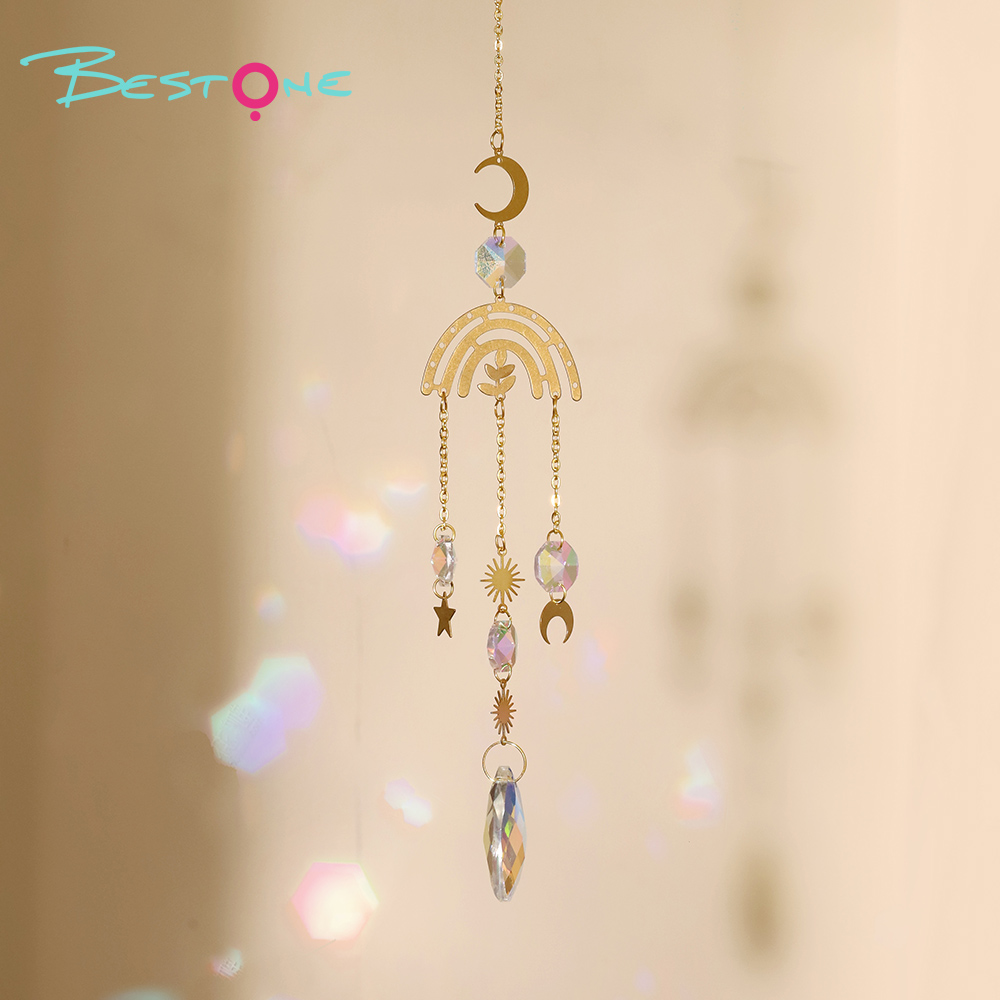 Set of 4 Copper Alloy Pendant Wind Chimes – Moon Plate, Rainbow Flower, Earth, Cloud & Star Motifs with Octagon & Teardrop Crystal Pendants – Lengths 44cm & 42cm