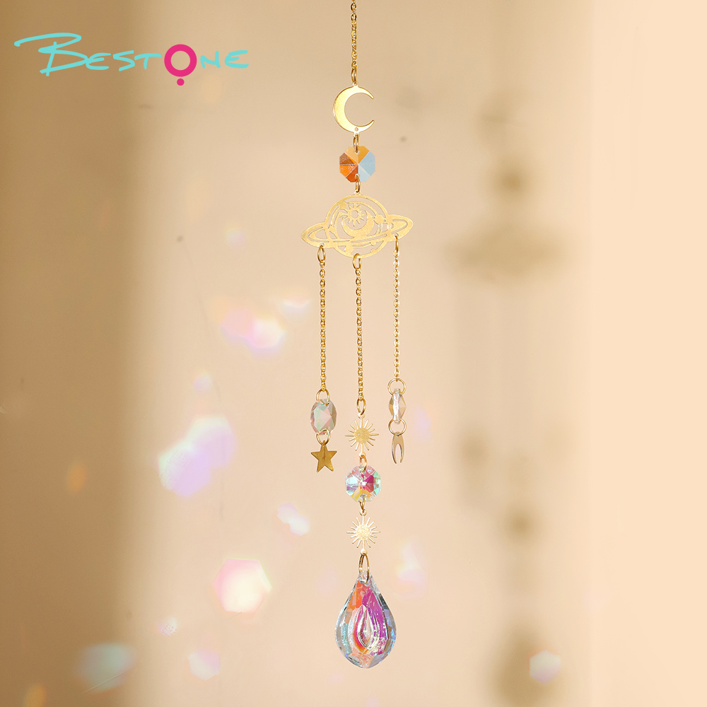 Set of 4 Copper Alloy Pendant Wind Chimes – Moon Plate, Rainbow Flower, Earth, Cloud & Star Motifs with Octagon & Teardrop Crystal Pendants – Lengths 44cm & 42cm