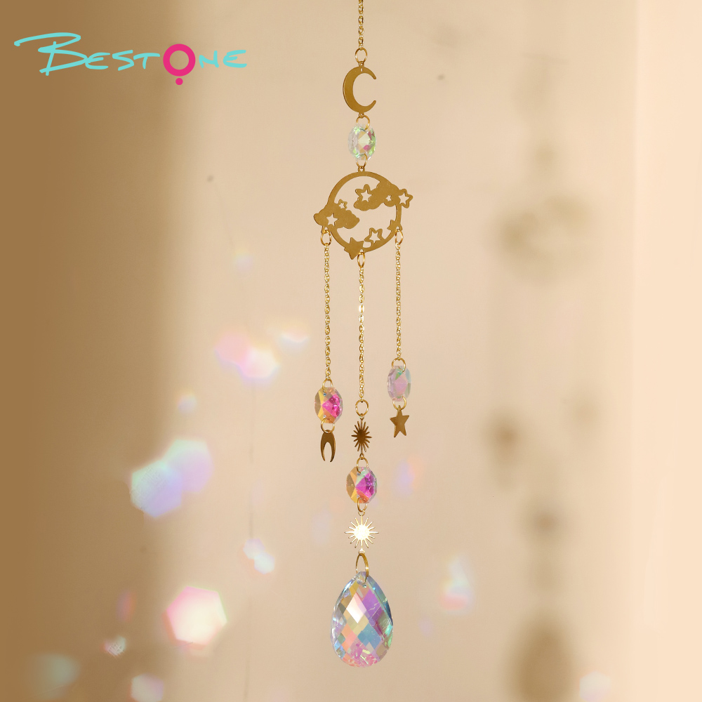 Set of 4 Copper Alloy Pendant Wind Chimes – Moon Plate, Rainbow Flower, Earth, Cloud & Star Motifs with Octagon & Teardrop Crystal Pendants – Lengths 44cm & 42cm