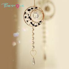 Romantic Heart Crystal Wind Chime Pendant – Copper Alloy with Wire-Wrapped Rings & Natural Stone Chips – 48cm