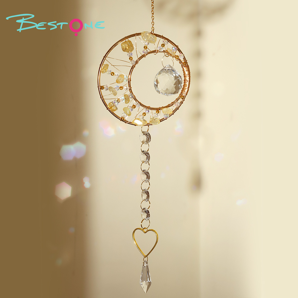 Romantic Heart Crystal Wind Chime Pendant – Copper Alloy with Wire-Wrapped Rings & Natural Stone Chips – 48cm