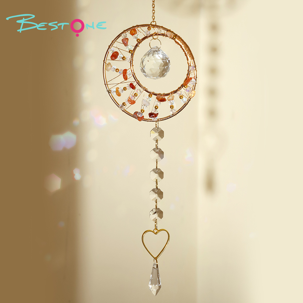 Romantic Heart Crystal Wind Chime Pendant – Copper Alloy with Wire-Wrapped Rings & Natural Stone Chips – 48cm