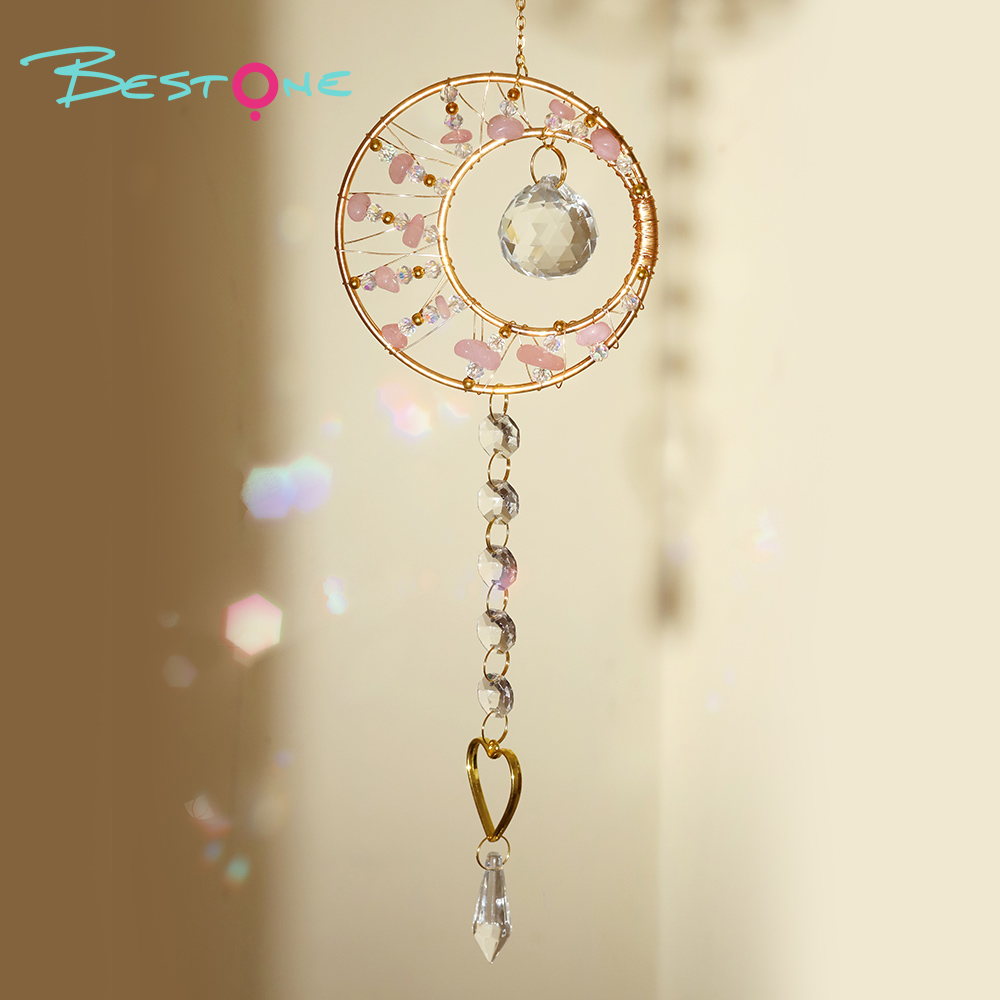 Romantic Heart Crystal Wind Chime Pendant – Copper Alloy with Wire-Wrapped Rings & Natural Stone Chips – 48cm