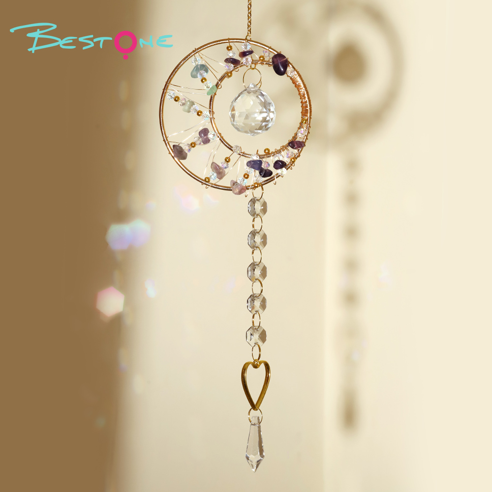Romantic Heart Crystal Wind Chime Pendant – Copper Alloy with Wire-Wrapped Rings & Natural Stone Chips – 48cm