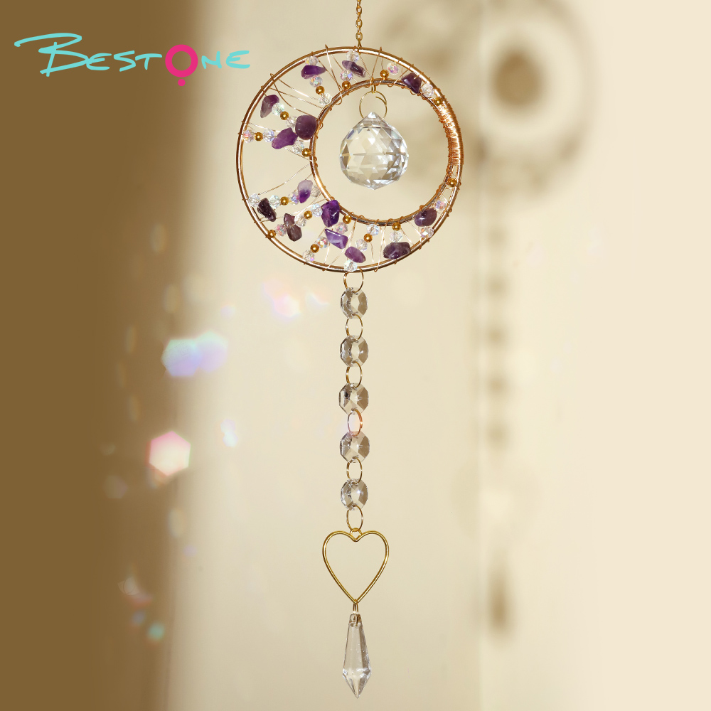 Romantic Heart Crystal Wind Chime Pendant – Copper Alloy with Wire-Wrapped Rings & Natural Stone Chips – 48cm