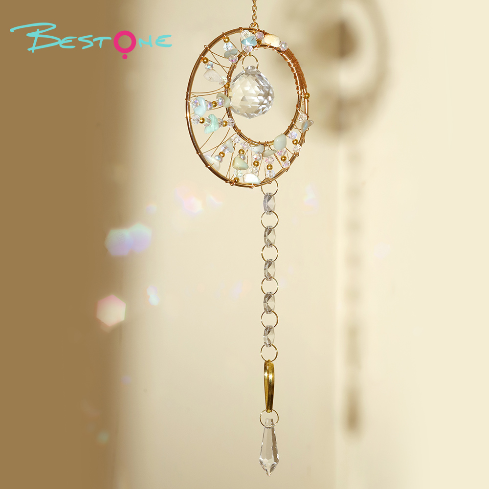 Romantic Heart Crystal Wind Chime Pendant – Copper Alloy with Wire-Wrapped Rings & Natural Stone Chips – 48cm
