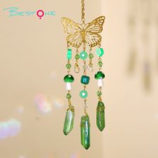 Colorful Crystal Wind Chime Pendant with Electroplated Gold Butterfly – Flower, Fruit & Mushroom Design – 24cm