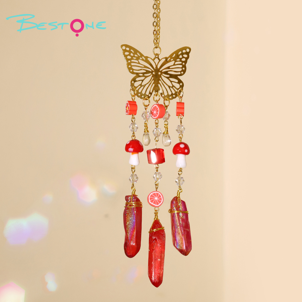 Colorful Crystal Wind Chime Pendant with Electroplated Gold Butterfly – Flower, Fruit & Mushroom Design – 24cm