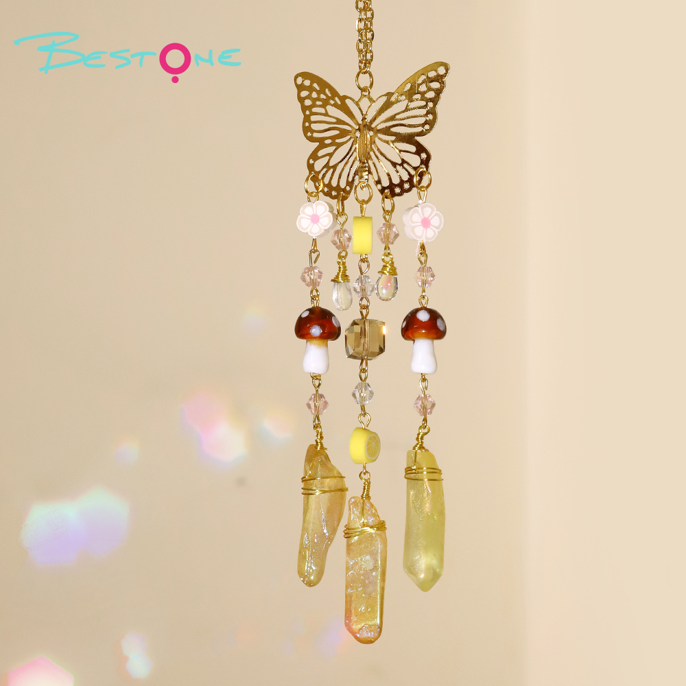 Colorful Crystal Wind Chime Pendant with Electroplated Gold Butterfly – Flower, Fruit & Mushroom Design – 24cm