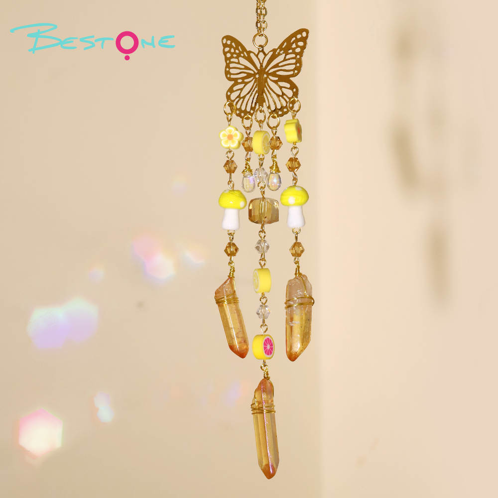 Colorful Crystal Wind Chime Pendant with Electroplated Gold Butterfly – Flower, Fruit & Mushroom Design – 24cm
