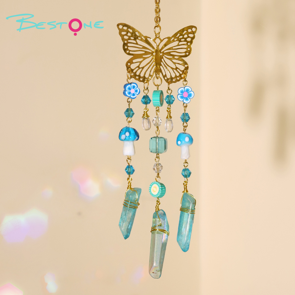 Colorful Crystal Wind Chime Pendant with Electroplated Gold Butterfly – Flower, Fruit & Mushroom Design – 24cm
