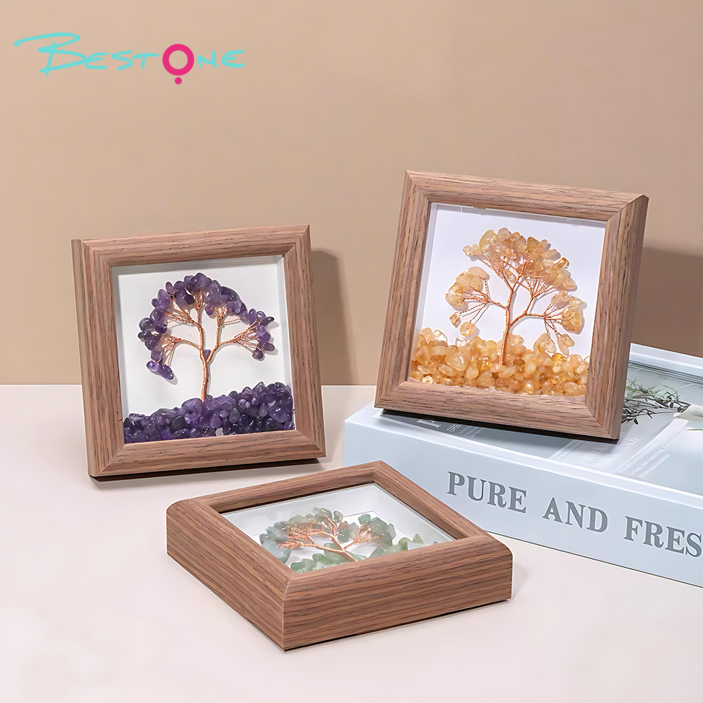 Gemstone Tree Frame Series – Square Wooden Crystal Wealth Trees (12×12cm)