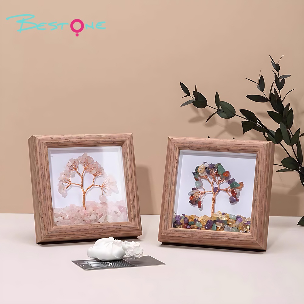 Gemstone Tree Frame Series – Square Wooden Crystal Wealth Trees (12×12cm)