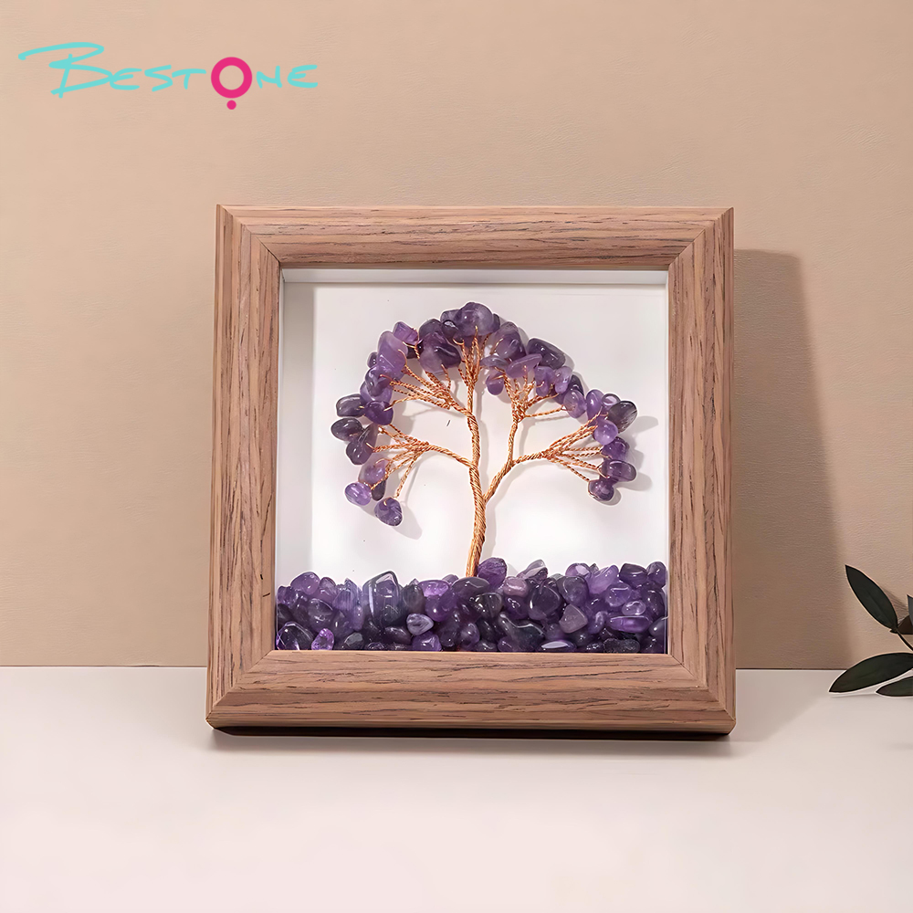 Gemstone Tree Frame Series – Square Wooden Crystal Wealth Trees (12×12cm)