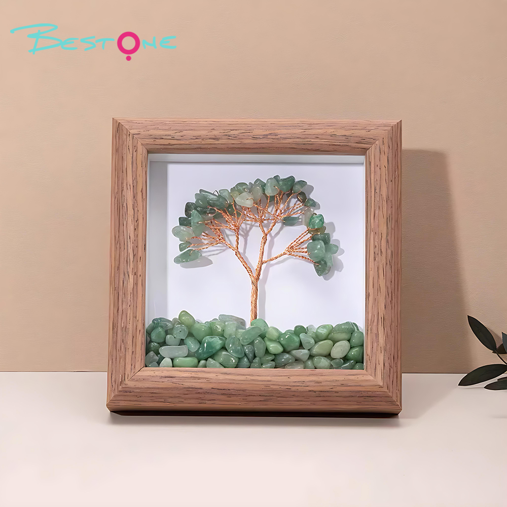 Gemstone Tree Frame Series – Square Wooden Crystal Wealth Trees (12×12cm)