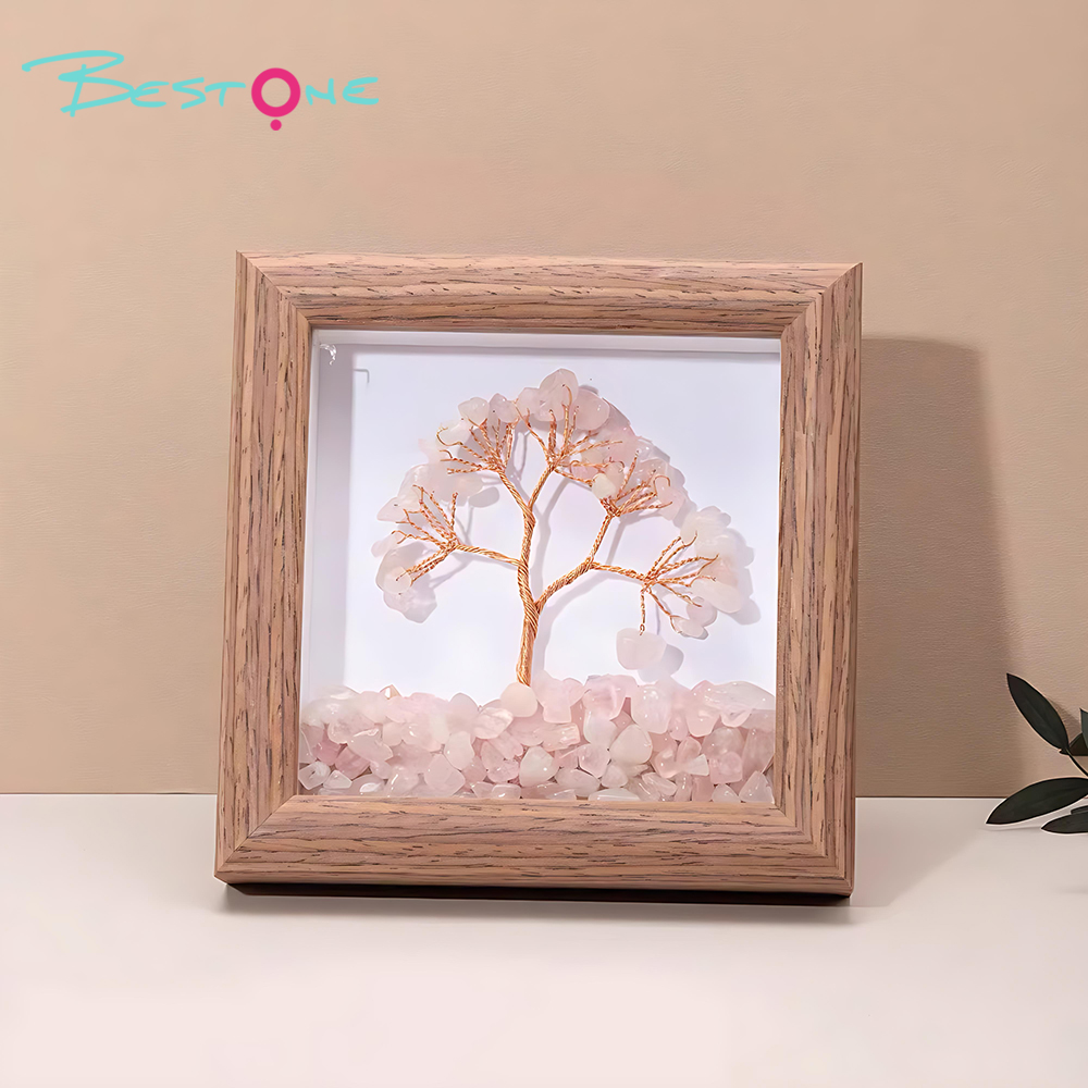 Gemstone Tree Frame Series – Square Wooden Crystal Wealth Trees (12×12cm)