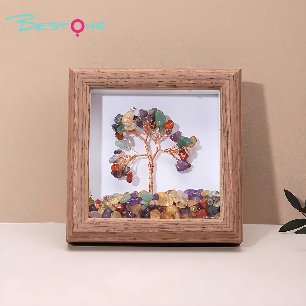 Gemstone Tree Frame Series – Square Wooden Crystal Wealth Trees (12×12cm)