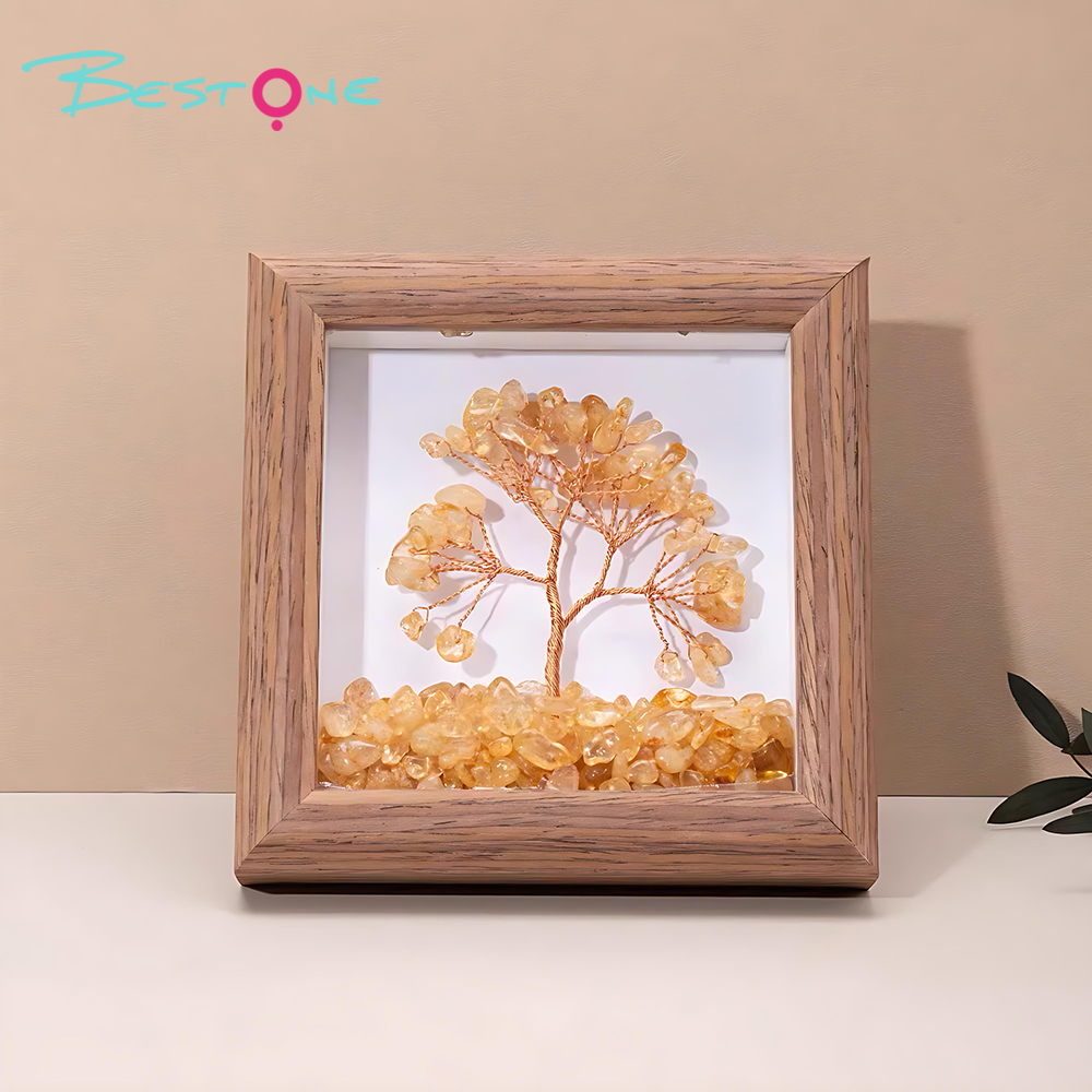 Gemstone Tree Frame Series – Square Wooden Crystal Wealth Trees (12×12cm)