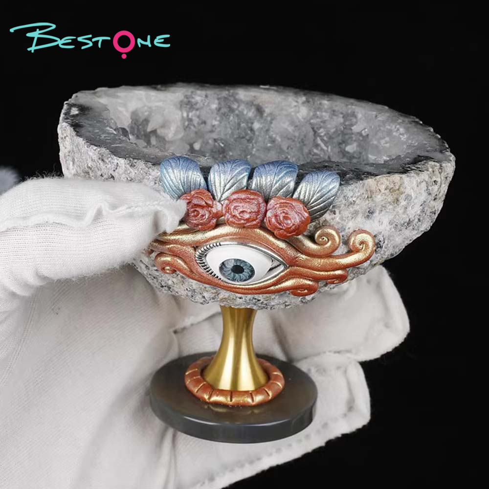 Holy Grail Geode Ornament – Evil Eye – Raw Stone Diameter 6–8cm, Height 6.5cm, 250–300g