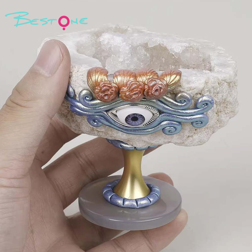 Holy Grail Geode Ornament – Evil Eye – Raw Stone Diameter 6–8cm, Height 6.5cm, 250–300g