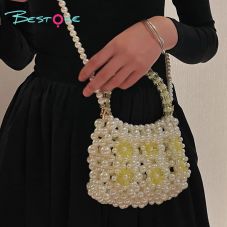 Custom Fairy Flower Handwoven Acrylic Beaded Handbag with Pearls – 15×7.5×12.5cm / 21.5cm – Multiple Colors Available
