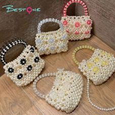 Sweet Bow Handwoven Acrylic Beaded Handbag with Pearls – 15×7.5×11/17cm – Multiple Colors Available