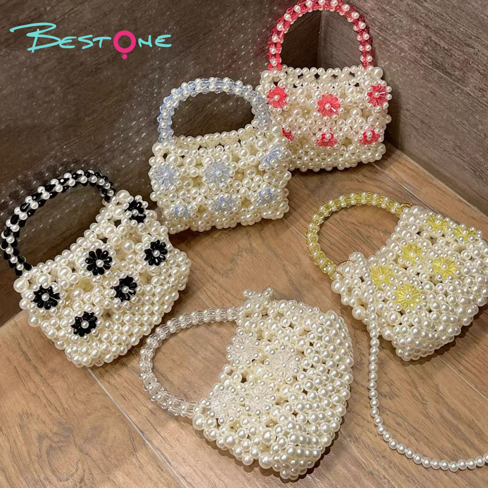 Sweet Bow Handwoven Acrylic Beaded Handbag with Pearls – 15×7.5×11/17cm – Multiple Colors Available