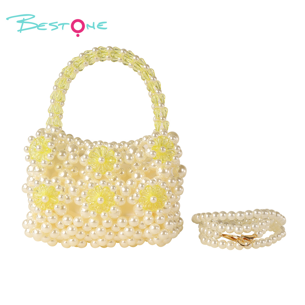 Sweet Bow Handwoven Acrylic Beaded Handbag with Pearls – 15×7.5×11/17cm – Multiple Colors Available