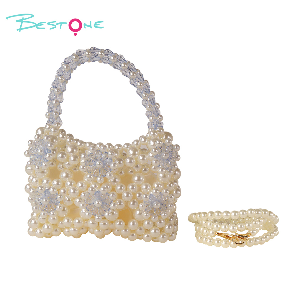 Sweet Bow Handwoven Acrylic Beaded Handbag with Pearls – 15×7.5×11/17cm – Multiple Colors Available