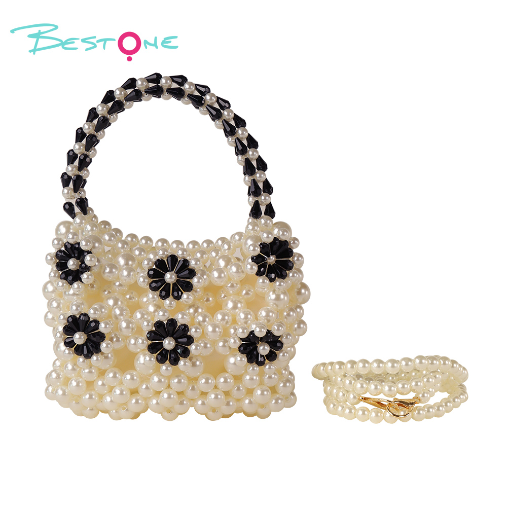 Sweet Bow Handwoven Acrylic Beaded Handbag with Pearls – 15×7.5×11/17cm – Multiple Colors Available