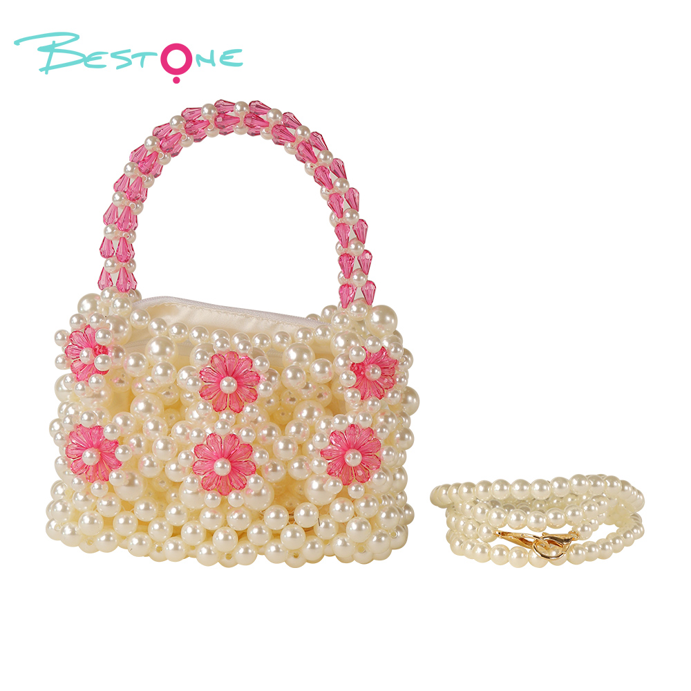 Sweet Bow Handwoven Acrylic Beaded Handbag with Pearls – 15×7.5×11/17cm – Multiple Colors Available