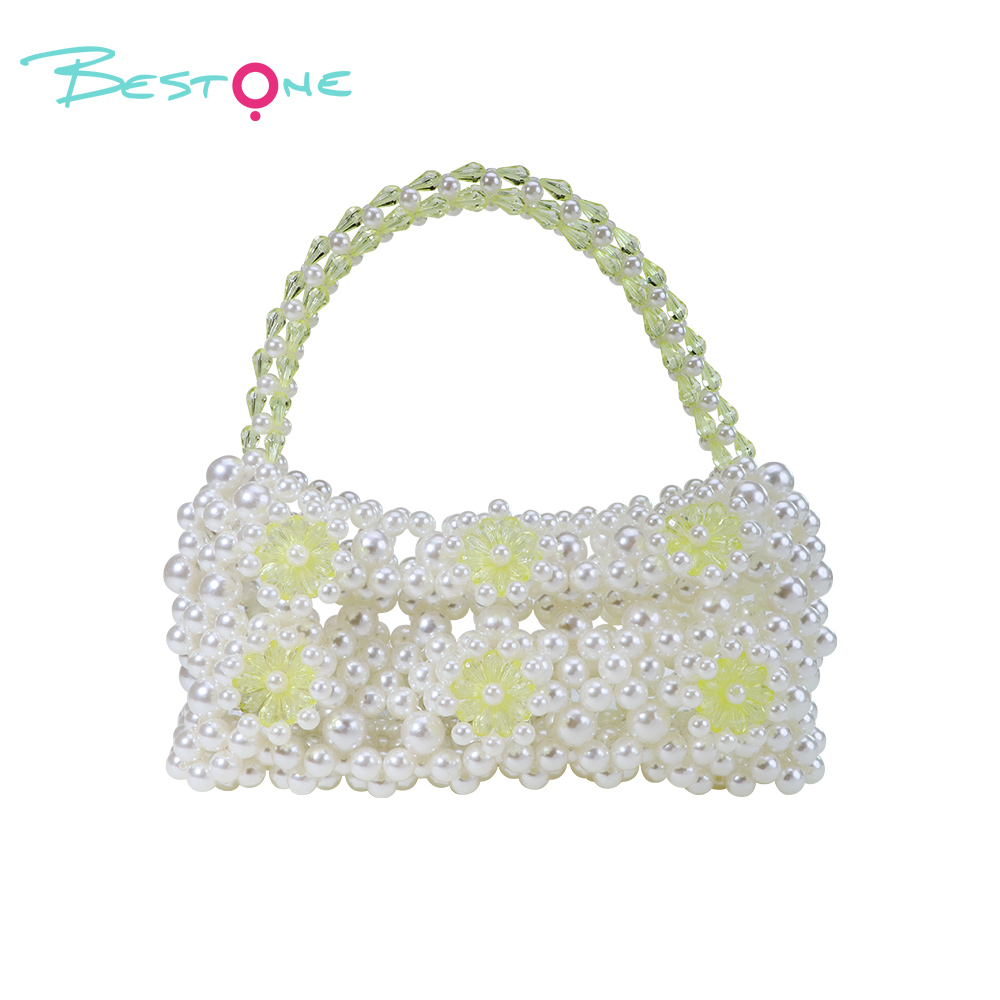 Sweet Bow Handwoven Acrylic Beaded Handbag with Pearls – 15×7.5×11/17cm – Multiple Colors Available