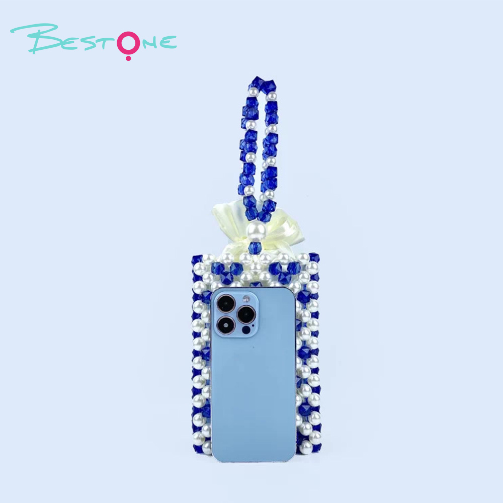 Mini Hollow Beaded Handbag – Blue & Purple – Handwoven Acrylic – 11.5×6×17cm – Chain Length 15cm