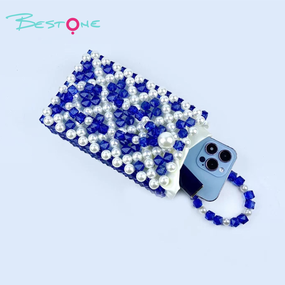 Mini Hollow Beaded Handbag – Blue & Purple – Handwoven Acrylic – 11.5×6×17cm – Chain Length 15cm