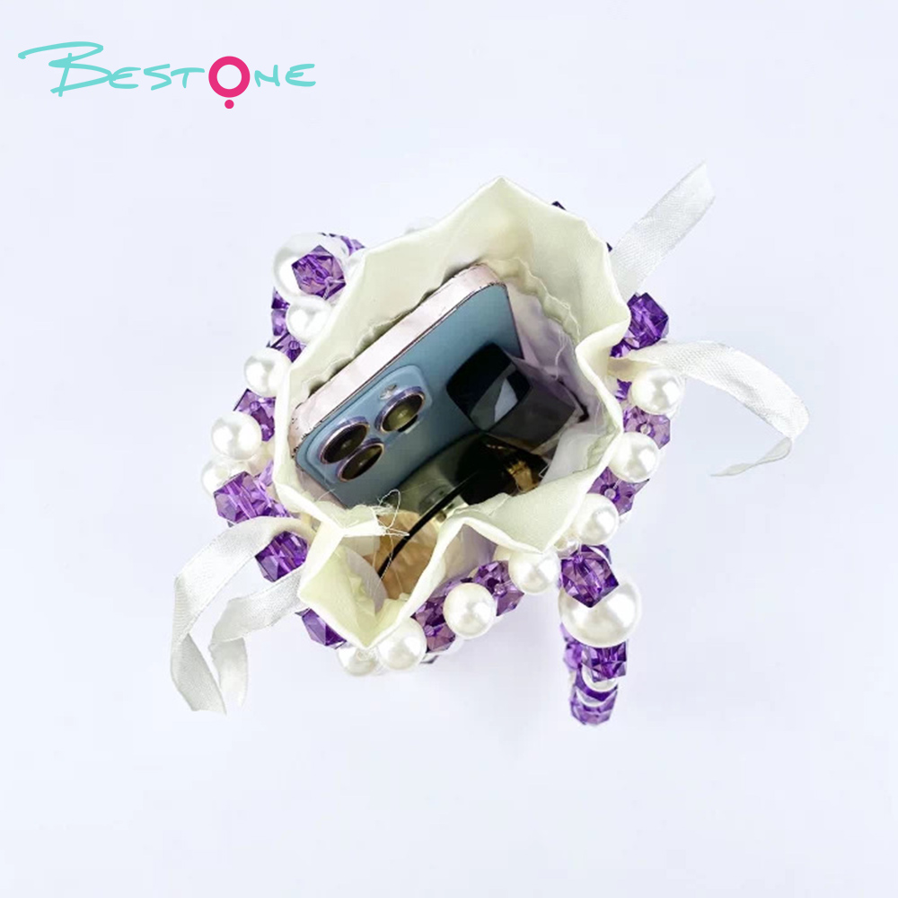 Mini Hollow Beaded Handbag – Blue & Purple – Handwoven Acrylic – 11.5×6×17cm – Chain Length 15cm
